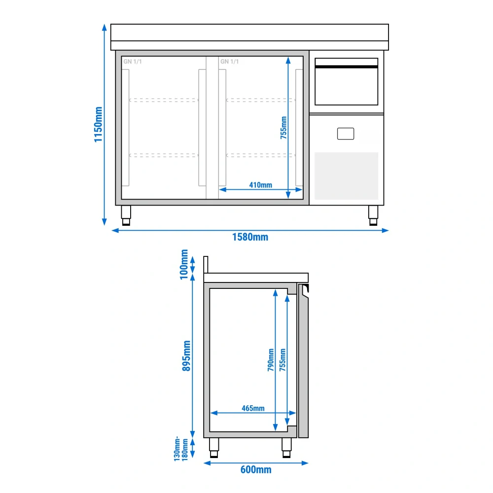 Barový chladicí stůl PREMIUM - 1580x600 mm - se 2 skleněnými dveřmi, zadní lištou & odklepávačem na kávu