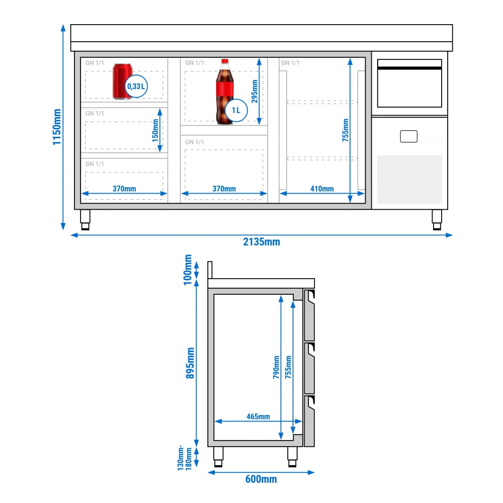 Barový chladicí stůl PREMIUM - 2130x600 mm - s 1 dveřmi, 5 zásuvkami, zadní lištou & odklepávačem na kávu
