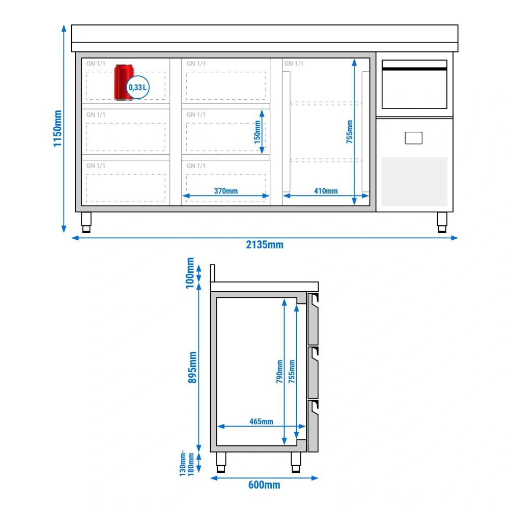 Barový chladicí stůl PREMIUM - 2130x600 mm - s 1 dveřmi, 6 zásuvkami, zadní lištou & odklepávačem na kávu