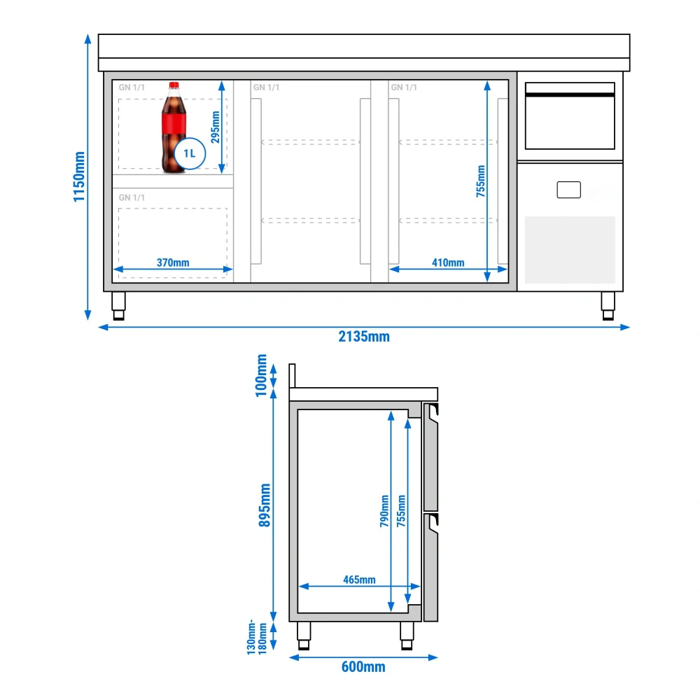 Barový chladicí stůl PREMIUM - 2130x600 mm - se 2 dveřmi, 2 zásuvkami, zadní lištou & odklepávačem na kávu