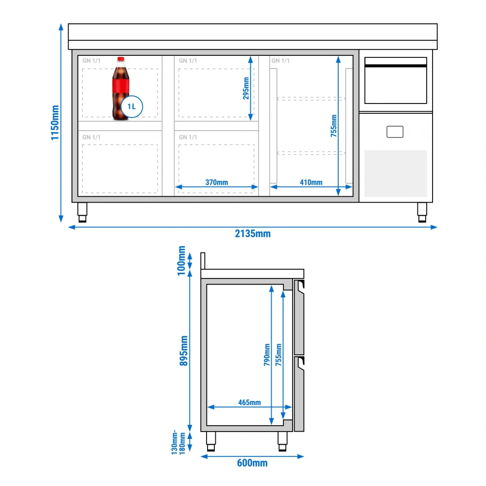 Barový chladicí stůl PREMIUM - 2135x600 mm - s 1 dveřmi, 4 zásuvkami, zadní lištou & odklepávačem na kávu