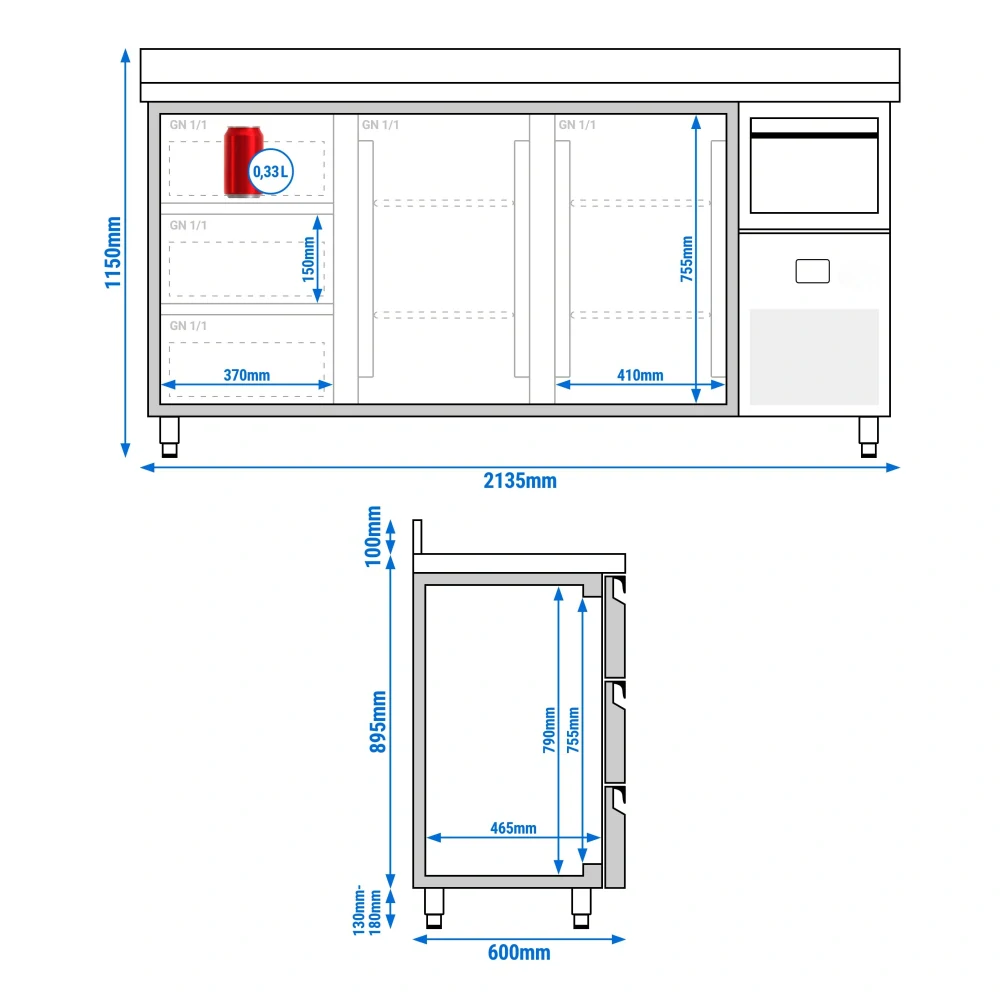Barový chladicí stůl PREMIUM - 2135x600 mm - se 2 dveřmi, 3 zásuvkami, zadní lištou & vyklepávačem na kávu