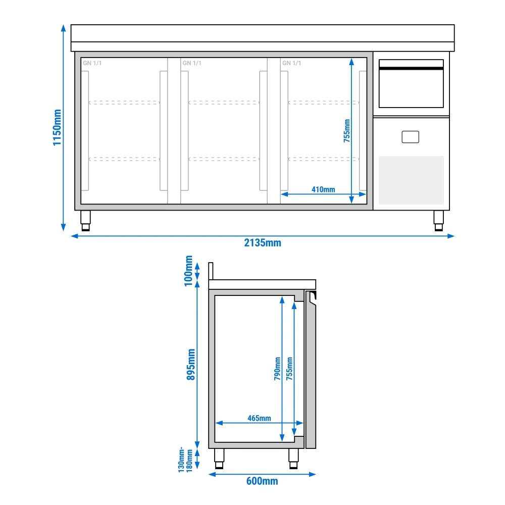 Barový chladicí stůl PREMIUM - 2135x600 mm - se 3 dveřmi, zadní lištou & odklepávačem na kávu