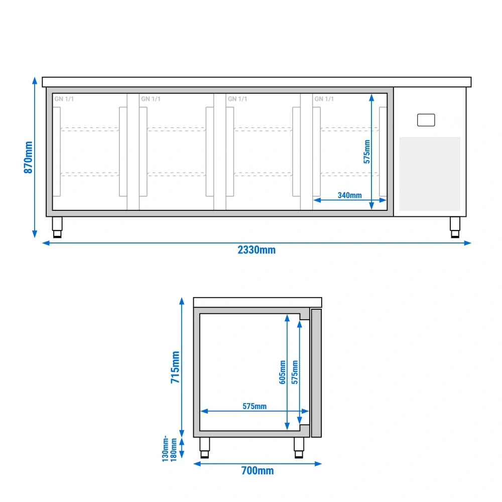 Chladicí stůl - 2330x700x850 mm - 632 l - se skleněným čelem - s 4 dveřmi
