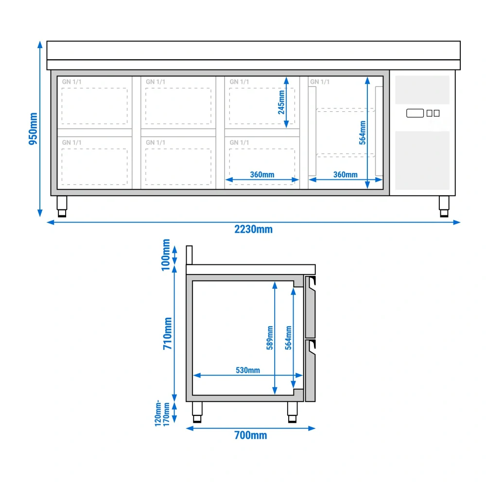Chladicí stůl ECO - 2230x700 mm - s 1 dveřmi - s 6 zásuvkami - se zadní lištou