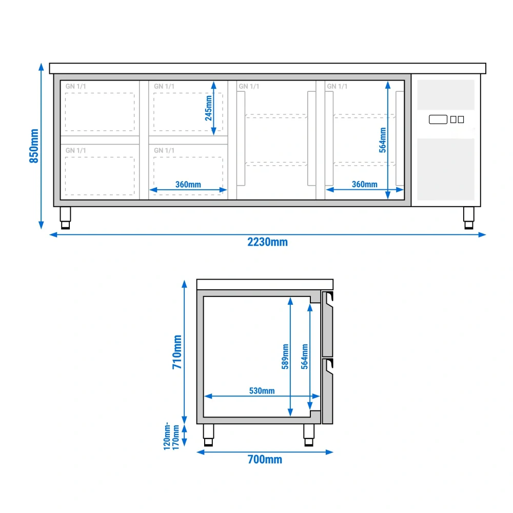 Chladicí stůl ECO - 2230x700 mm - se 2 dveřmi - se 4 zásuvkami