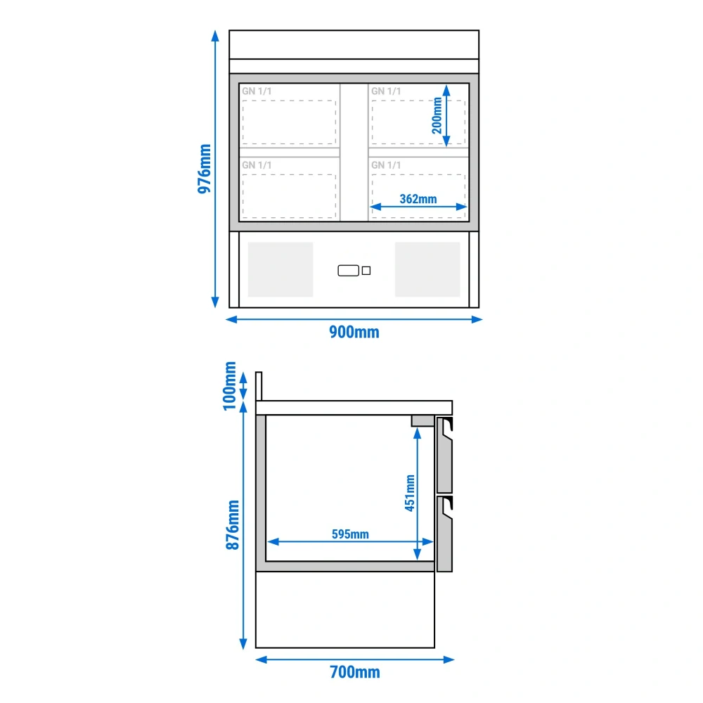 Chladicí stůl ECO - 900 x 700 mm - se 4 zásuvkami - zadní lištou
