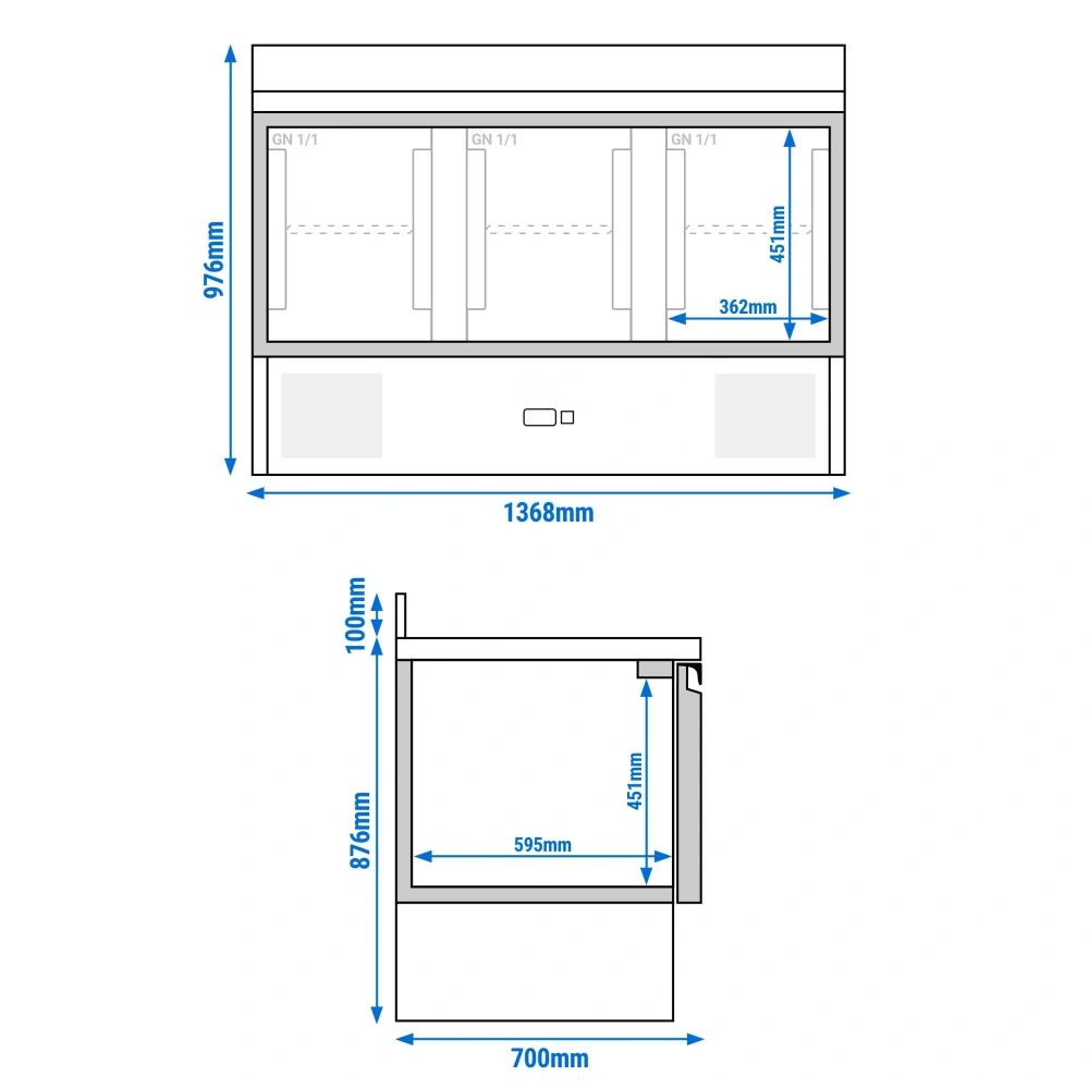 Chladicí stůl PREMIUM - 1370x700 mm - 3 skleněné dveře - zadní lišta