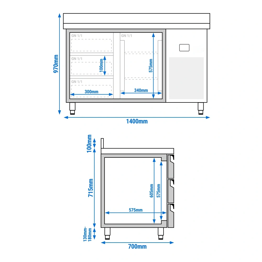 Chladicí stůl PREMIUM - 1400x700 mm - 1 dveře - 3 zásuvky - se zadní lištou