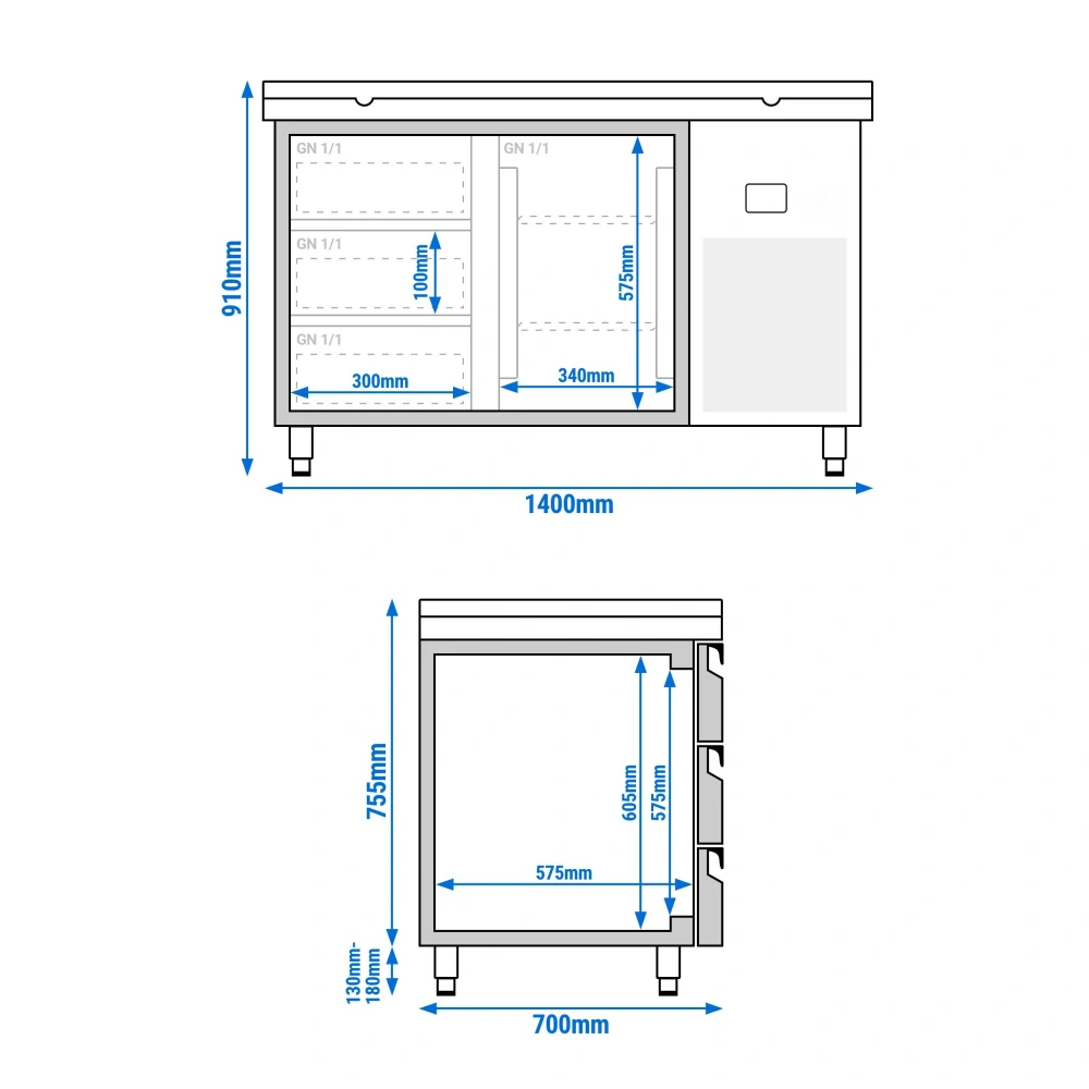 Chladicí stůl PREMIUM - 1400x700 mm - 1 dveře - 3 zásuvky - vč. červené krájecí desky