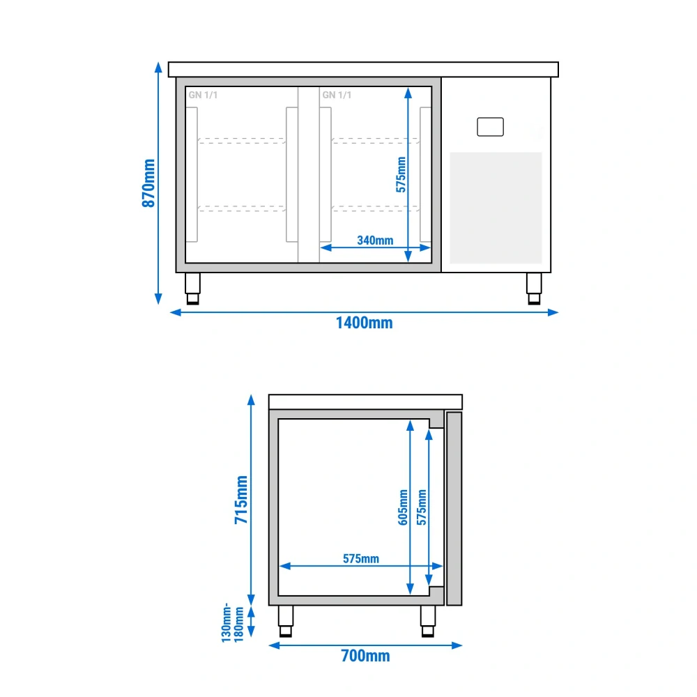 Chladicí stůl PREMIUM - 1400x700 mm - 2 skleněné dveře