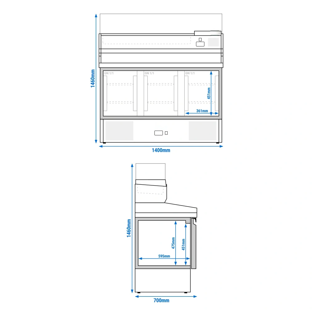 Chladicí stůl na pizzu PREMIUM - 1400x700 mm - se 3 dveřmi - vč. chladicí nástavbové vitríny - 6x GN 1/4 - se žulovou pracovní deskou