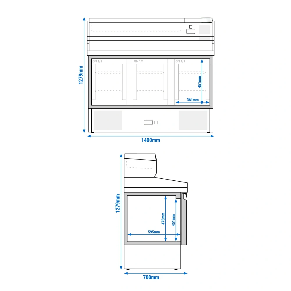 Chladicí stůl na pizzu ECO - 1400x700 mm - se 3 dveřmi - se žulovou pracovní deskou - vč. chladicí nástavbové vitríny - 6x GN 1/4
