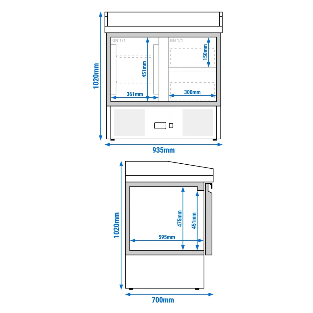 Chladicí stůl na pizzu PREMIUM - 935x700 mm - se 1 dveřmi a 2 zásuvkami