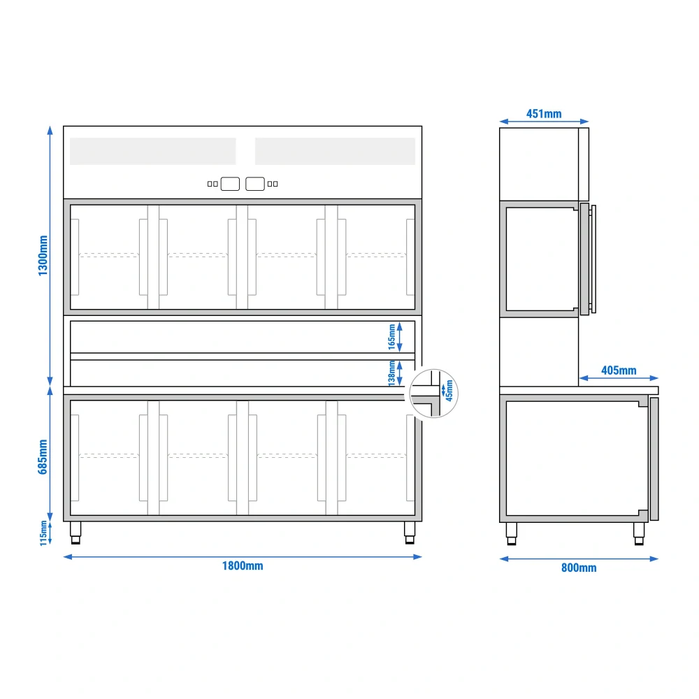 Chladicí stůl s přístěnným chladicím regálem - 1800x800x2100 mm - Dvojité zasklení - s 4 skleněnými dveřmi - s 4 dveřmi - pracovní deska