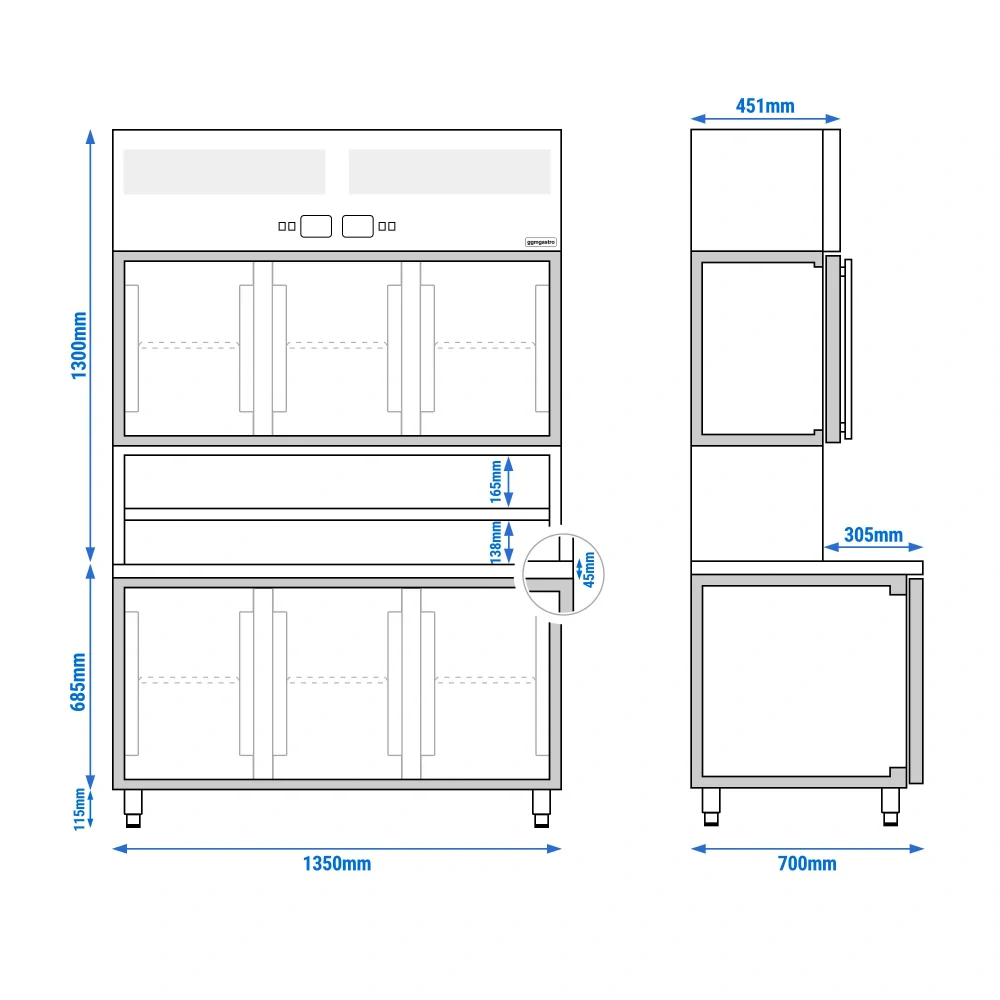 Přístěnný chladicí regál s chladicím stolem - 1350x700x2100 mm - 455 l - Dvojité zasklení - s 3 skleněnými dveřmi - s 3 dveřmi - pracovní deska