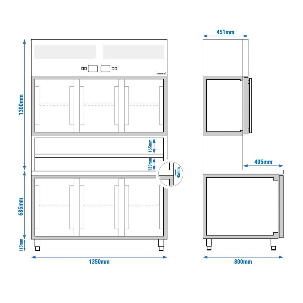Chladicí stůl s přístěnným chladicím regálem - 1350x800x2100 mm - 520 l - s 3 skleněnými dveřmi - s 3 dveřmi - Dvojité zasklení - pracovní deska