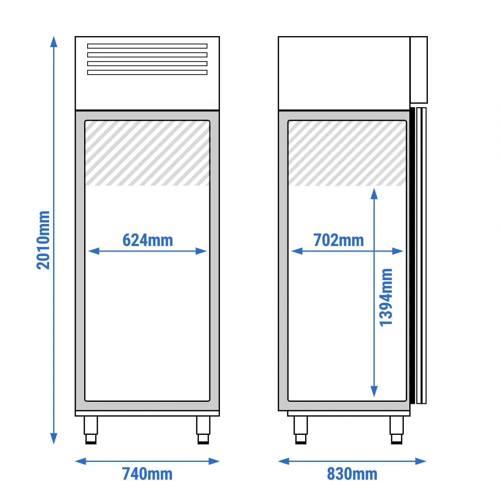 Nerezová mrazicí skříň ECO - GN 2/1 - 740 mm - 440 l - až -22 °C - s 1 dveře - Digitální termostat; Uzamykatelné dveře; Samozavírací dveře; Ventilované chlazení; Automatické odmrazování; Kolečka