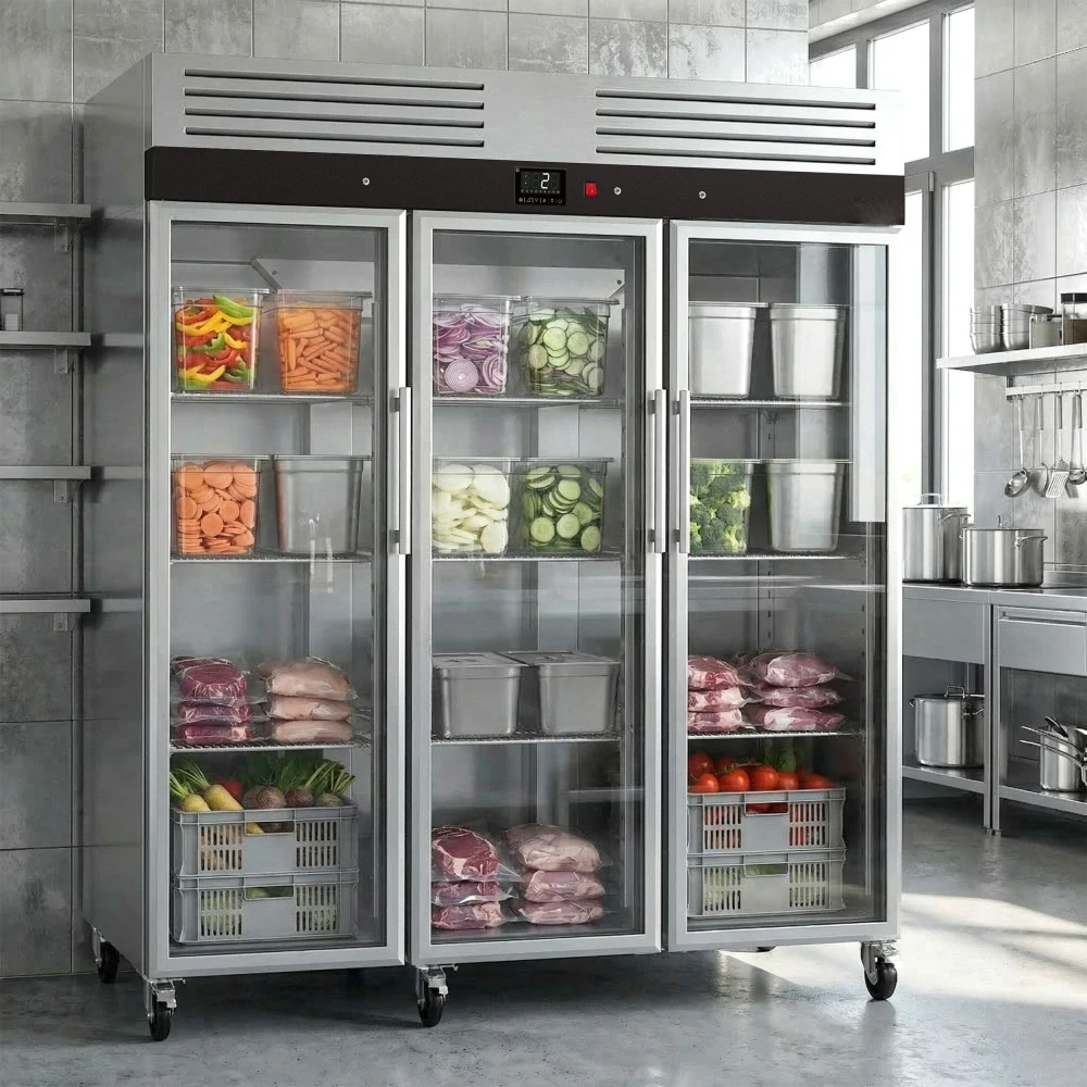 Nerezová chladicí skříň ECO - 1350 L- se 3 skleněnými dveřmi