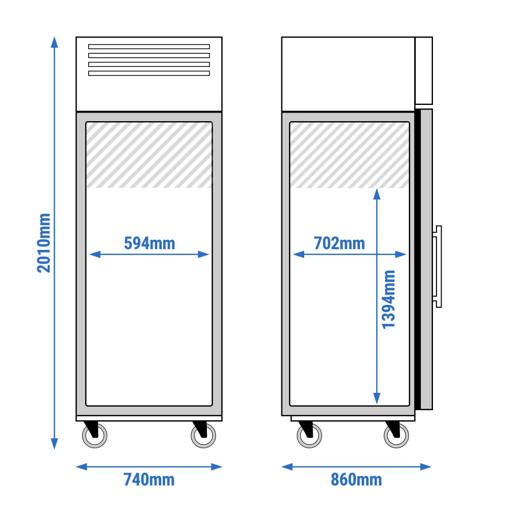Nerezová mrazicí skříň ECO - GN 2/1 - 700 l - až -15 °C - s 1 skleněné dveře - Digitální termostat; Vyhřívaný rám; Ventilované chlazení; Automatické odmrazování; Uzamykatelné dveře