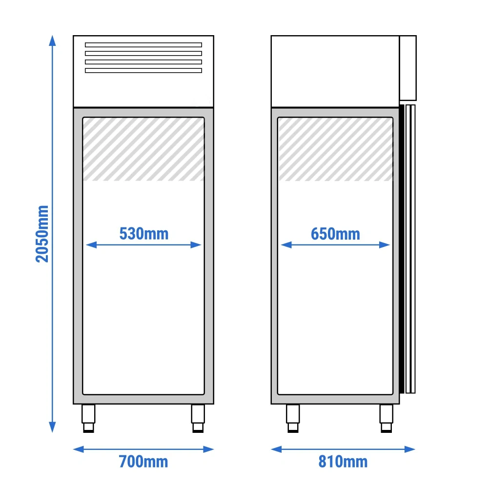 Nerezová mrazicí skříň PREMIUM - GN 2/1 - 700 mm - 700 l - až -20 °C - s 1 skleněné dveře - Digitální termostat; Samozavírací dveře; Automatické odmrazování; Ventilované chlazení