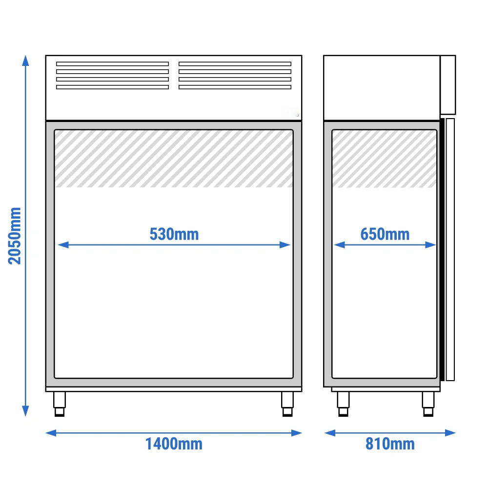Nerezová mrazicí skříň PREMIUM - GN 2/1 - 1 400 l - až -20 °C - s 2 skleněné dveře - Digitální termostat; Samozavírací dveře; Ventilované chlazení; Automatické odmrazování