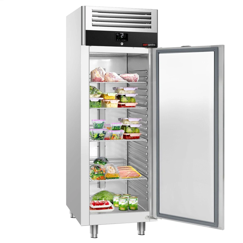 Nerezová chladicí skříň PREMIUM - GN 2/1 - 686 mm - 500 l - až +10 °C - s 1 dveře - Digitální termostat; LED osvětlení; Ventilované chlazení;…