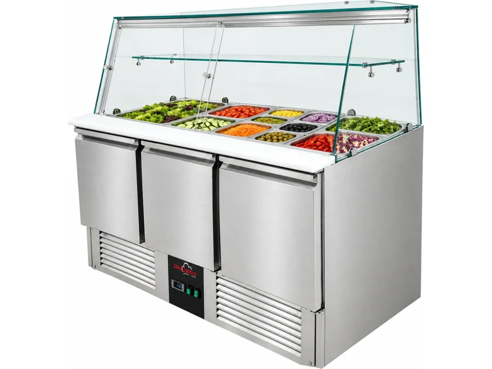 Chladící saladeta - 1 370 x 700 mm - se 3 dvířky a skleněnou nástavbou se světlem