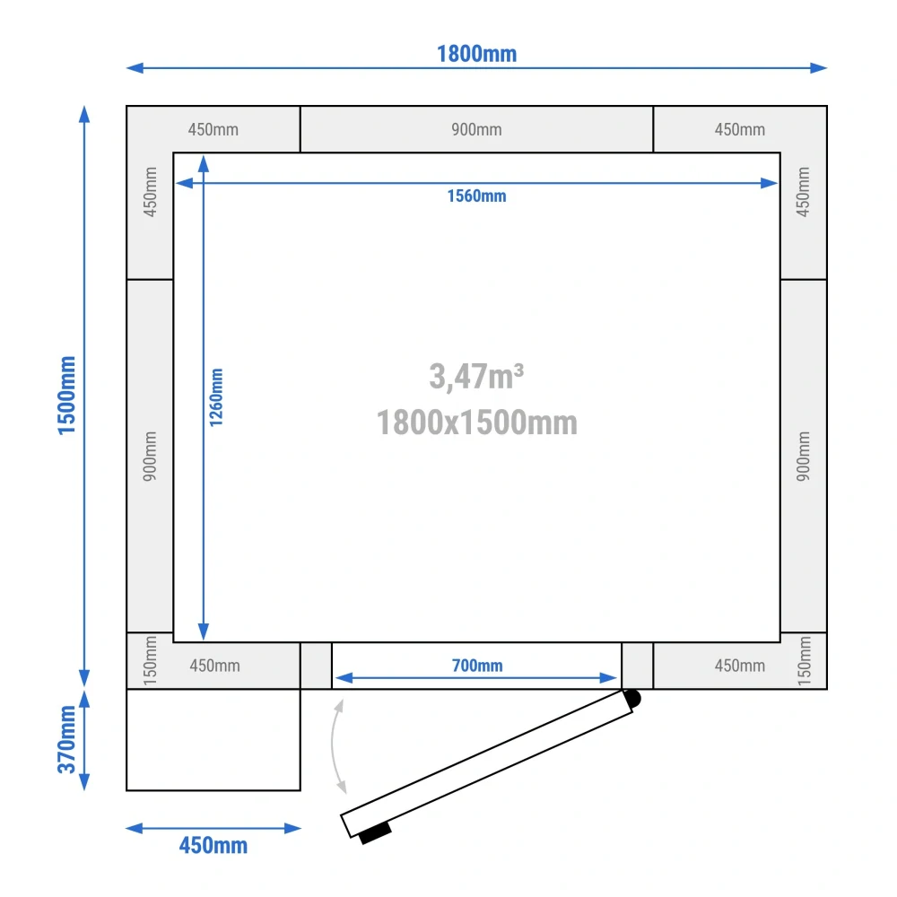 Nerezový mrazicí box - 1800x1500 mm - 3,47 m³ - vč. mrazicí jednotky a lamel