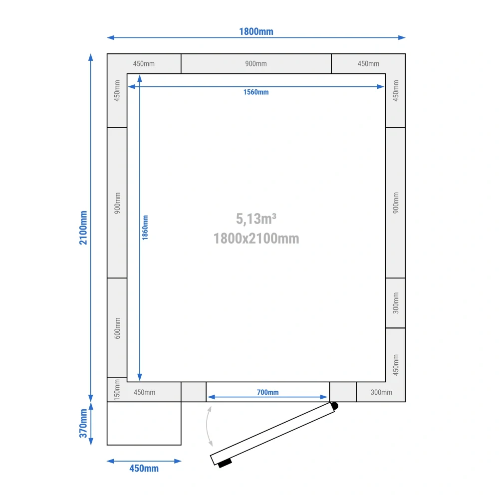 Nerezový mrazicí box - 1800x2100 mm - 5,13 m³ - vč. mrazicí jednotky a lamel