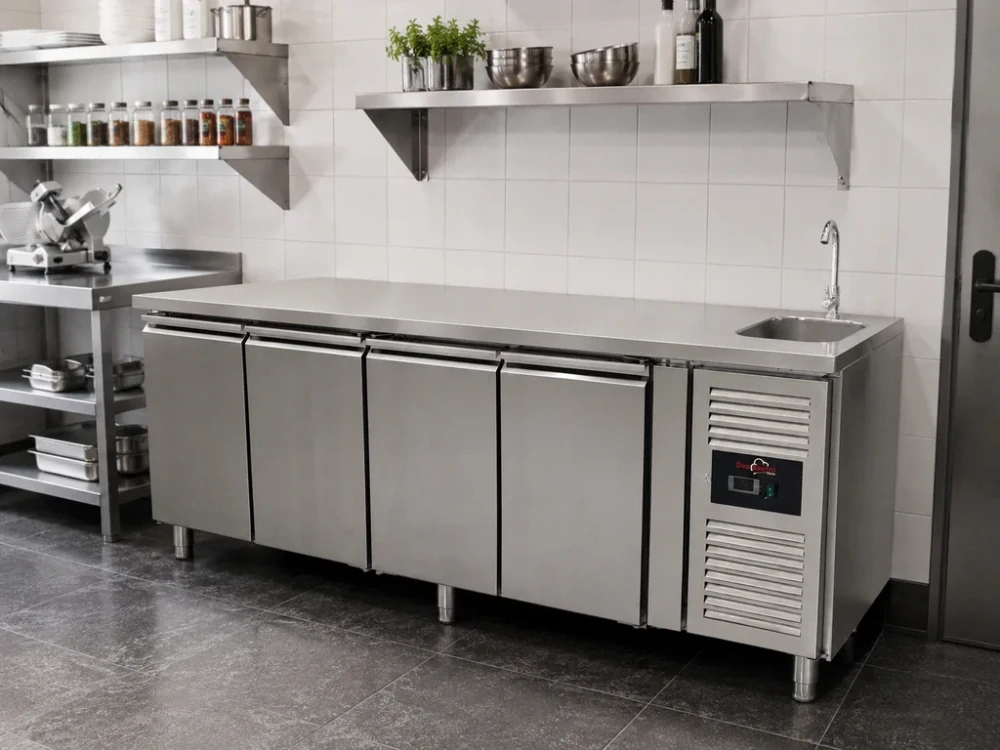 Chladicí stůl - 2 230 x 700 mm - s dřezem a se 4 dvířky