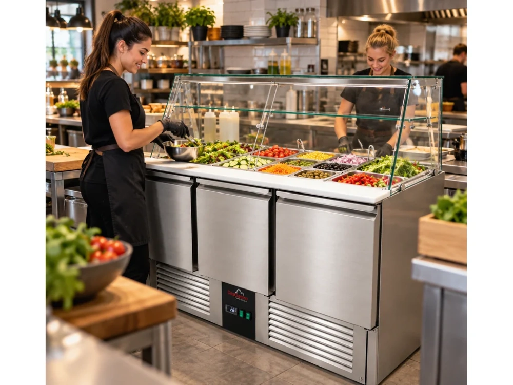 Chladící saladeta - 1 370 x 700 mm - se 3 dvířky a skleněnou nástavbou se světlem