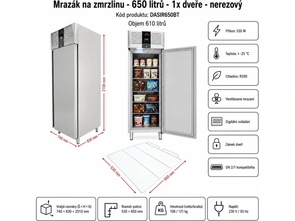 Mrazák na zmrzlinu - 650 litrů - 1 dvěře - nerezový