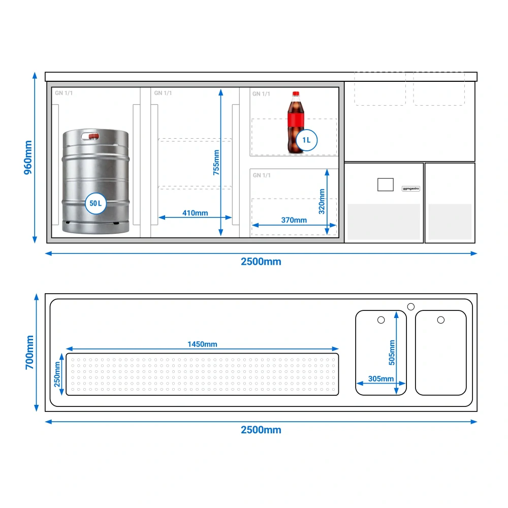Výčepní pult PREMIUM - 2500x700 mm - 2 skleněné dveře & 2 skleněné zásuvky