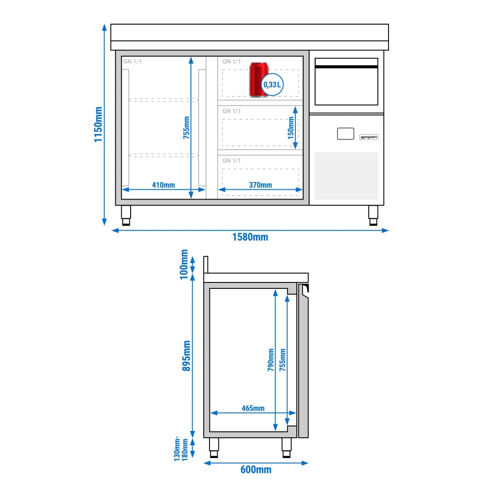 Barový chladicí stůl PREMIUM - 1580x600 mm  - s 1 dveřmi, 3 zásuvkami, zadní lištou & odklepávačem na kávu