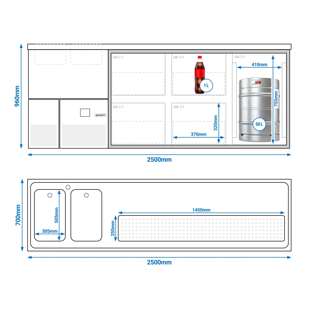 Výčepní pult PREMIUM - 2500x700 mm - 1 skleněné dveře & 4 skleněné zásuvky