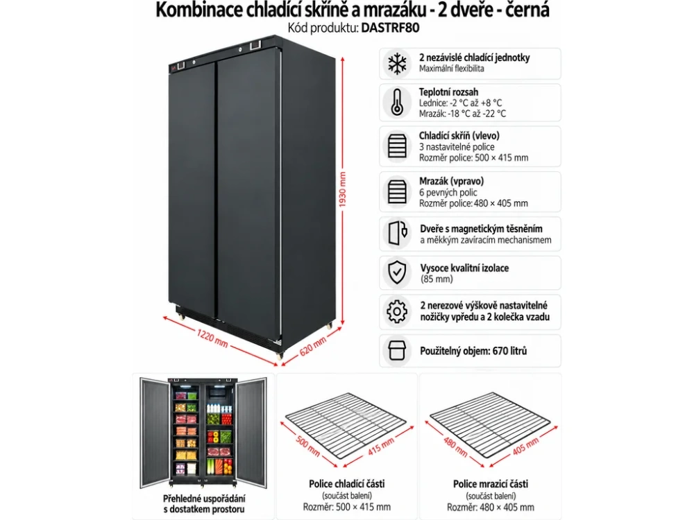 Kombinace chladící skříně a mrazáku - 2 dveře - černá