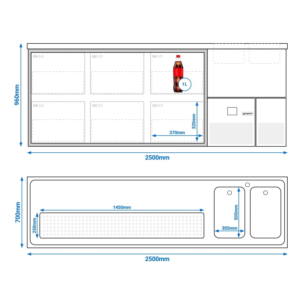 Výčepní pult PREMIUM - 2500x700 mm - 6 skleněných zásuvek