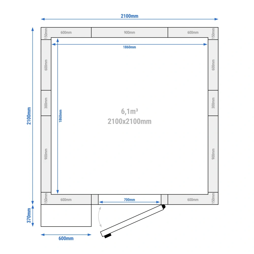 Nerezový mrazicí box - 2100x2100 mm - 6,12 m³ - vč. mrazicí jednotky a lamel