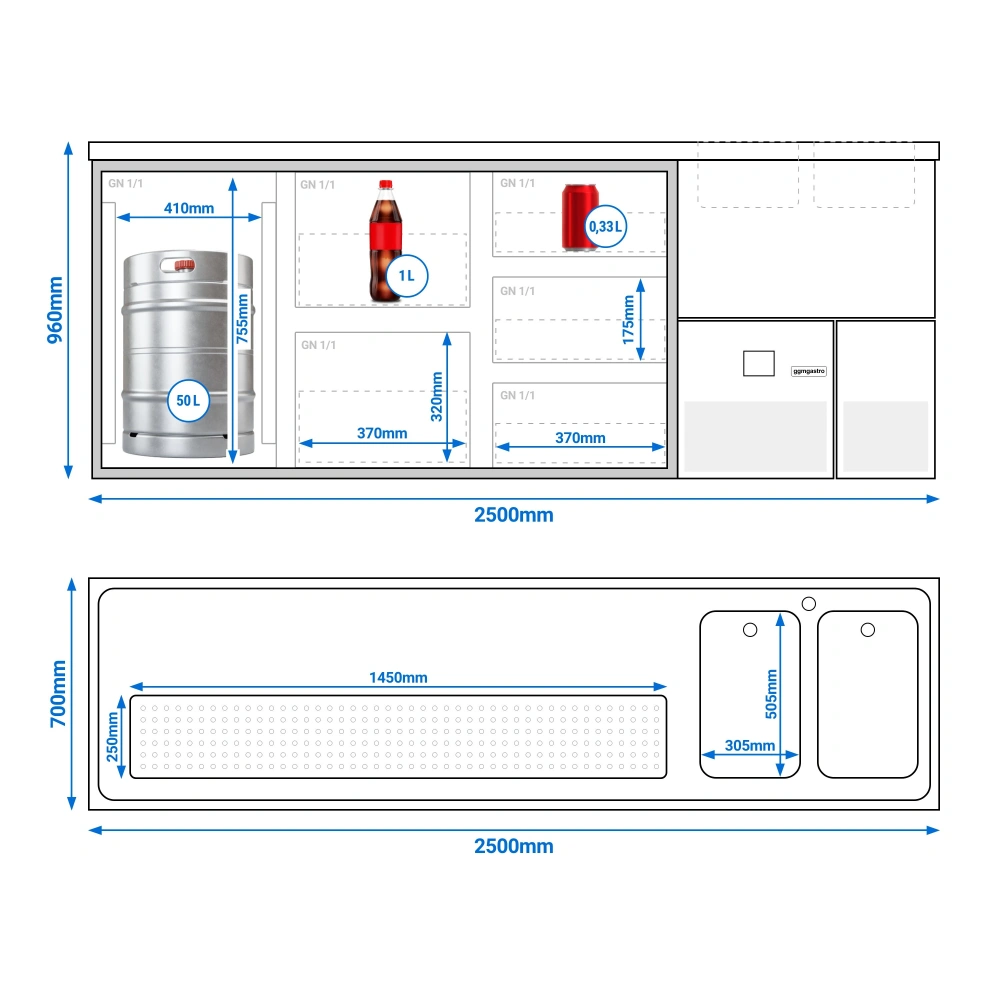 Výčepní pult PREMIUM - 2500x700 mm - 1 dveře & 5 zásuvek