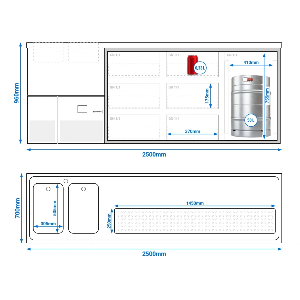 Výčepní pult PREMIUM - 2500x700 mm - 1 dveře & 6 zásuvek