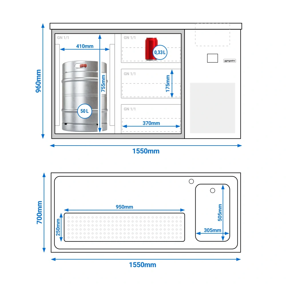 Výčepní pult PREMIUM - 1550x700 mm - 1 skleněné dveře & 3 skleněné zásuvky