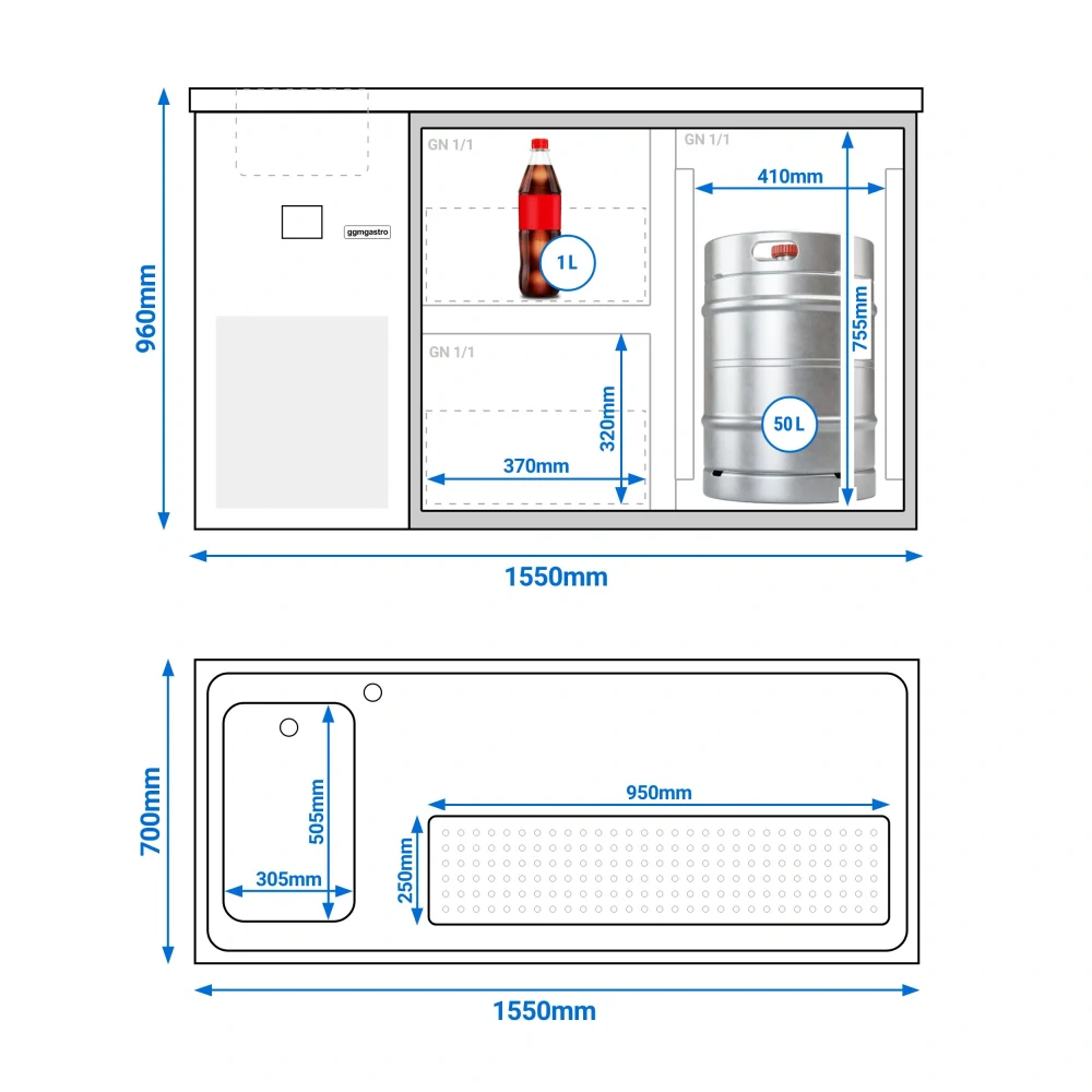 Výčepní pult PREMIUM - 1550x700 mm - 1 skleněné dveře & 2 skleněné zásuvky