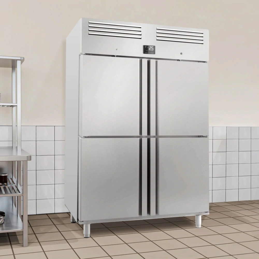Nerezová chladicí skříň PREMIUM PLUS - GN 2/1 - 1385 mm - 1240 l - až +8 °C - s 4 poloviční dveře - Digitální termostat; Samozavírací dveře;…