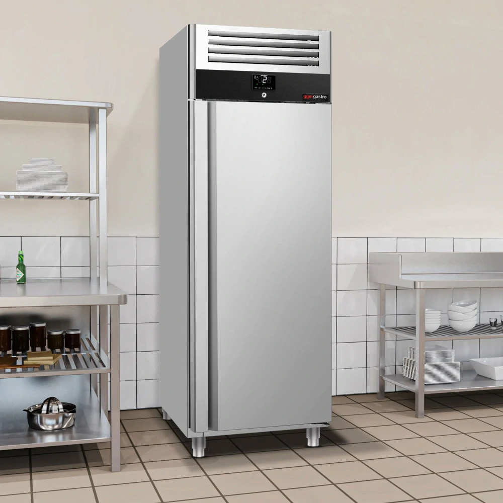 Nerezová chladicí skříň PREMIUM - GN 2/1 - 686 mm - 500 l - až +10 °C - s 1 dveře - Digitální termostat; LED osvětlení; Ventilované chlazení;…