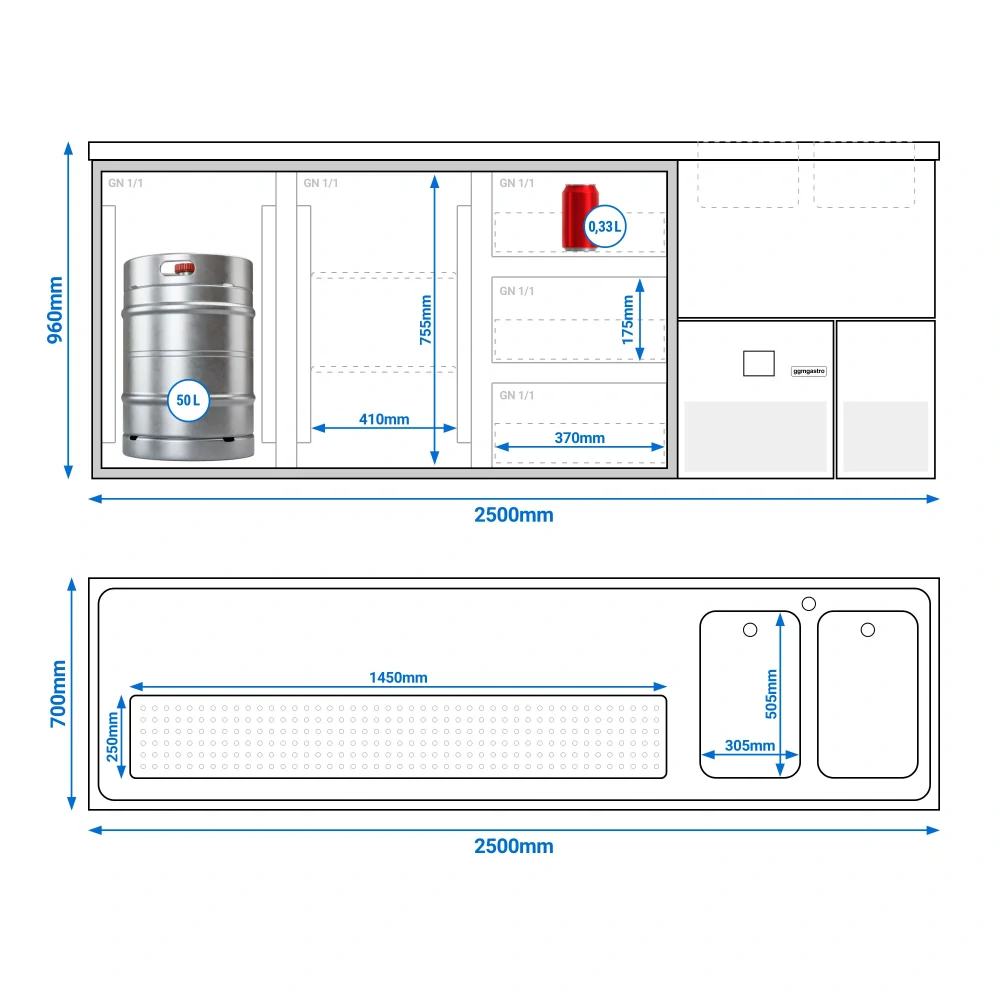 Výčepní pult PREMIUM - 2500x700 mm - 2 dveře & 3 zásuvky
