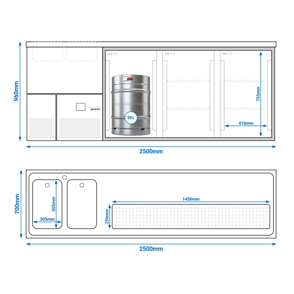 Výčepní pult PREMIUM - 2500x700 mm - 3 skleněné dveře