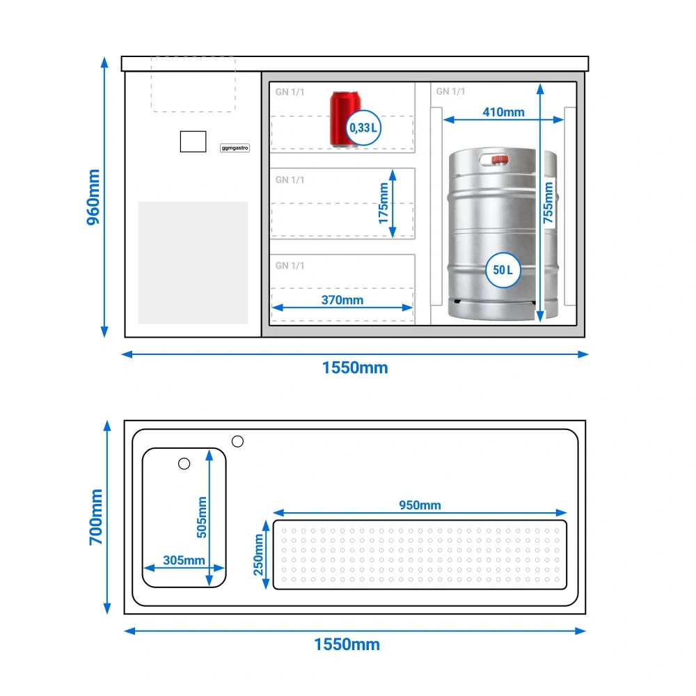 Výčepní pult PREMIUM - 1550x700 mm - 1 dveře & 3 zásuvky