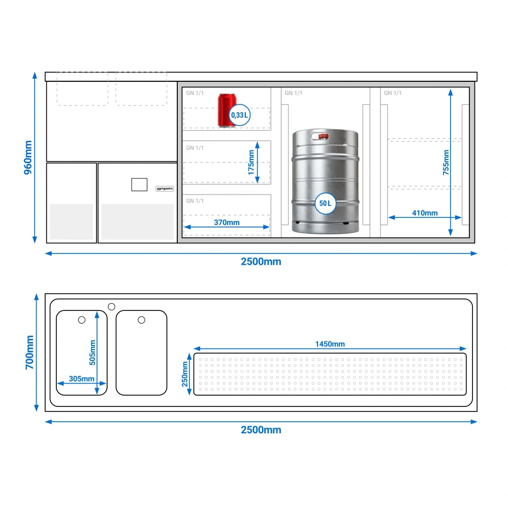 Výčepní pult PREMIUM - 2500x700 mm - 2 dveře & 3 zásuvky