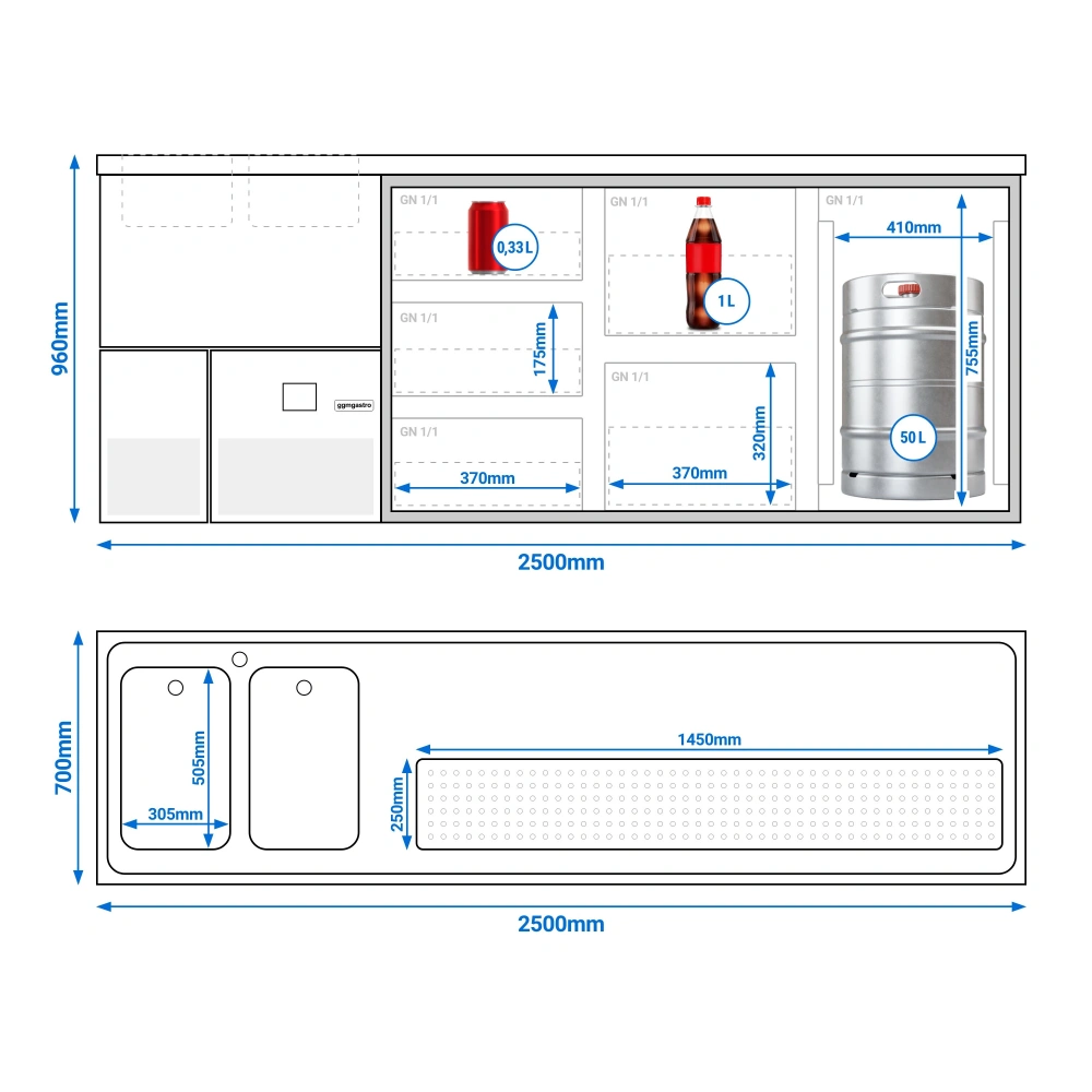 Výčepní pult PREMIUM - 2500x700 mm - 1 dveře & 5 zásuvek